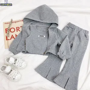 Conyson Casual Summer Kids Girl Sports Clothes Zip Hoddie Set Cotton Flared Cotton Pant Vest 3pcs Outfits Girls Tracksuit Suits