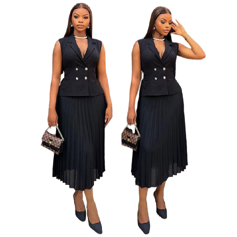 Formal Black Pleated Skirt Outfit - Double Breasted Top