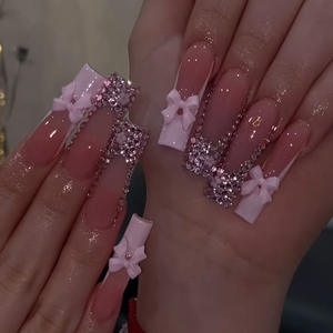 <span class=keywords><strong>Faux</strong></span> Ongles à Presser Personnalisables avec Logo, 24 Pièces, Gel de Construction, French <span class=keywords><strong>Long</strong></span> Square, Strass Papillon, Vente en Gros, Capsules à Presser - Product Image 1