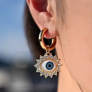 Anting-Anting Simpai Baja Tahan Karat untuk Wanita Berlian Imitasi Aloi Mata Turki Mode Aksesori Perhiasan Telinga Gesper