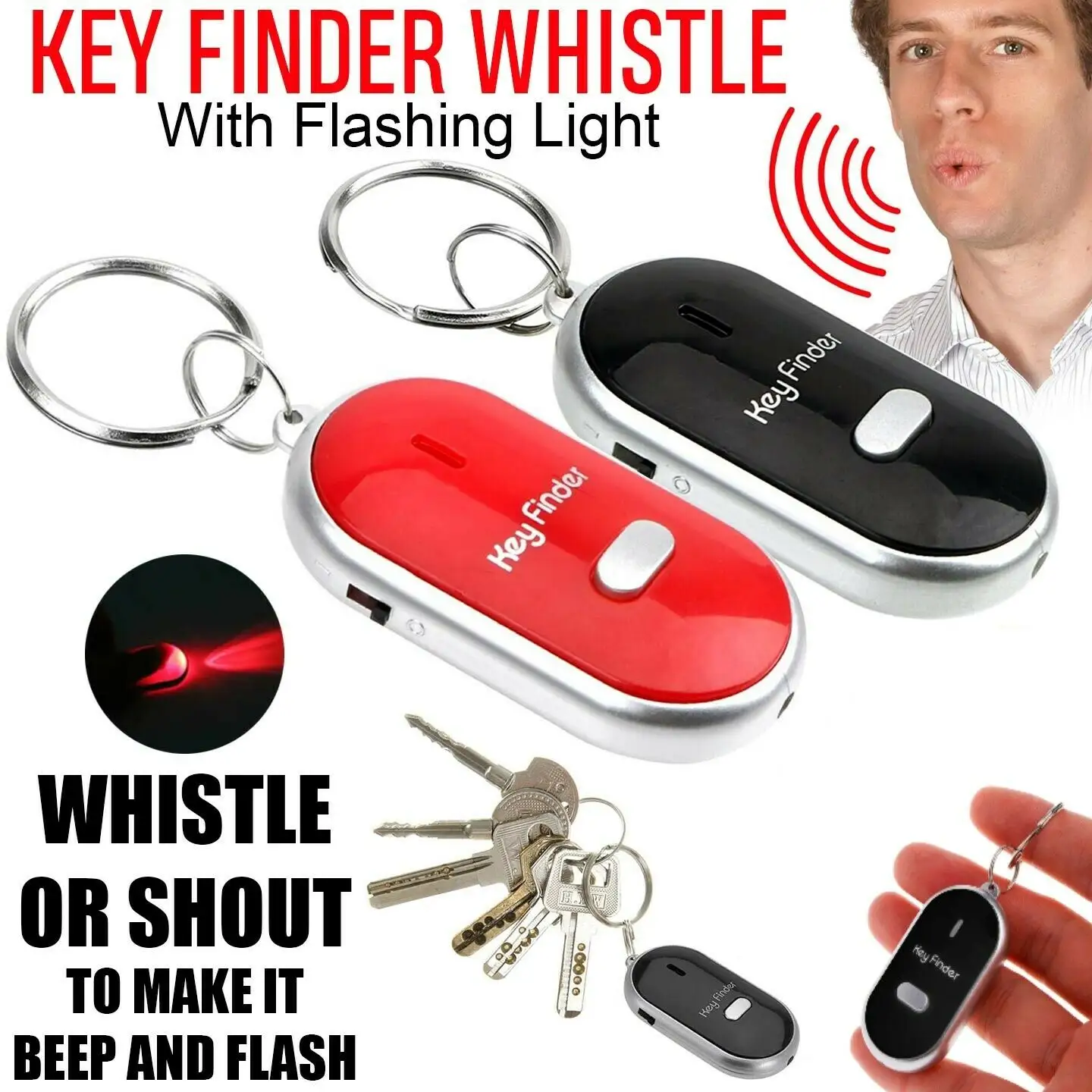 Whistle Lost Key Locator Key Finder Ring LED Flashing Light Remote Control Sonic Torch Keychain Tracker Beeping