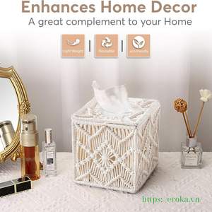 Boîte à mouchoirs en macramé bohème, tissée à la main, en coton, carrée, prix avantageux, provenance Vietnam - Product Image 3