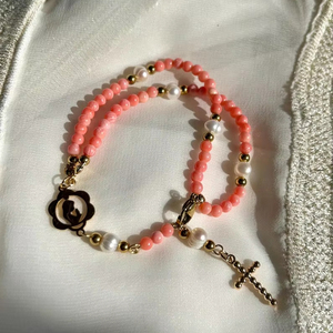 Pulsera De Rosario Católico con cuentas de coral rosa de 4mm para regalo del Día de la madre, pulsera de primera comunión de <span class=keywords><strong>bautizo</strong></span> - Product Image 4