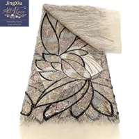 Tissu en tulle et dentelle surdimensionné à motifs de plumes de lotus, orné de perles et de paillettes, avec bordure décorative, pour robes de soirée