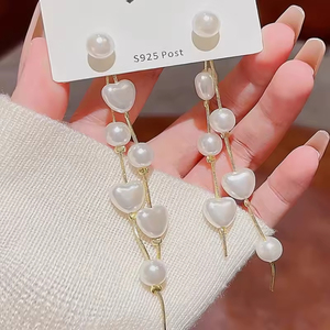 Women's Modern Daily Wear Gold-Plated Round Pearl <b>Heart</b> Stud Earrings Fashion Design With <b>Sweet</b> Long Tassel Made From Alloy - Product Image 2
