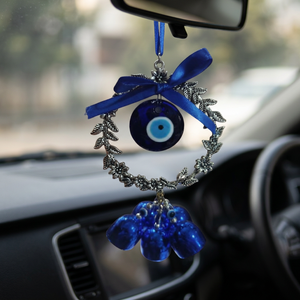 Best Selling Blue Glass Nazar Amulet with Silver Floral Wreath Decorative Bells and Satin <b>Bow</b> for Home Entrance <b>Door</b> Wall Window - Product Image 1
