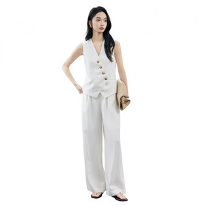 White Sleeveless Vest And Wide Leg Pants Set For Women Summer Leisure Solid Color Cotton Blend Two Piece Outfit - Product Image 5
