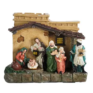Westerse Heiligen Kerst Hars Ambachtelijke Kerststal Religieuze Muziek Geleid Verwarmende Cabineverlichting Huisdecoraties Met Beweging