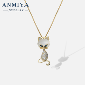 ANMIYA New Design 18k Gold Plated Cat Shape <strong>Diamond</strong> Zircon Necklace Jewelry <strong>Chain</strong> for Women <strong>Real</strong> Gold - Product Image 1