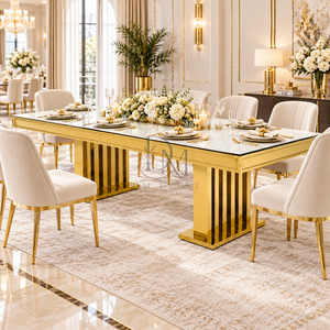Table de salle à manger de luxe en acier inoxydable doré avec plateau en verre miroir et base à double lamelles, idéale pour les projets hôteliers et de banquets - Product Image 1