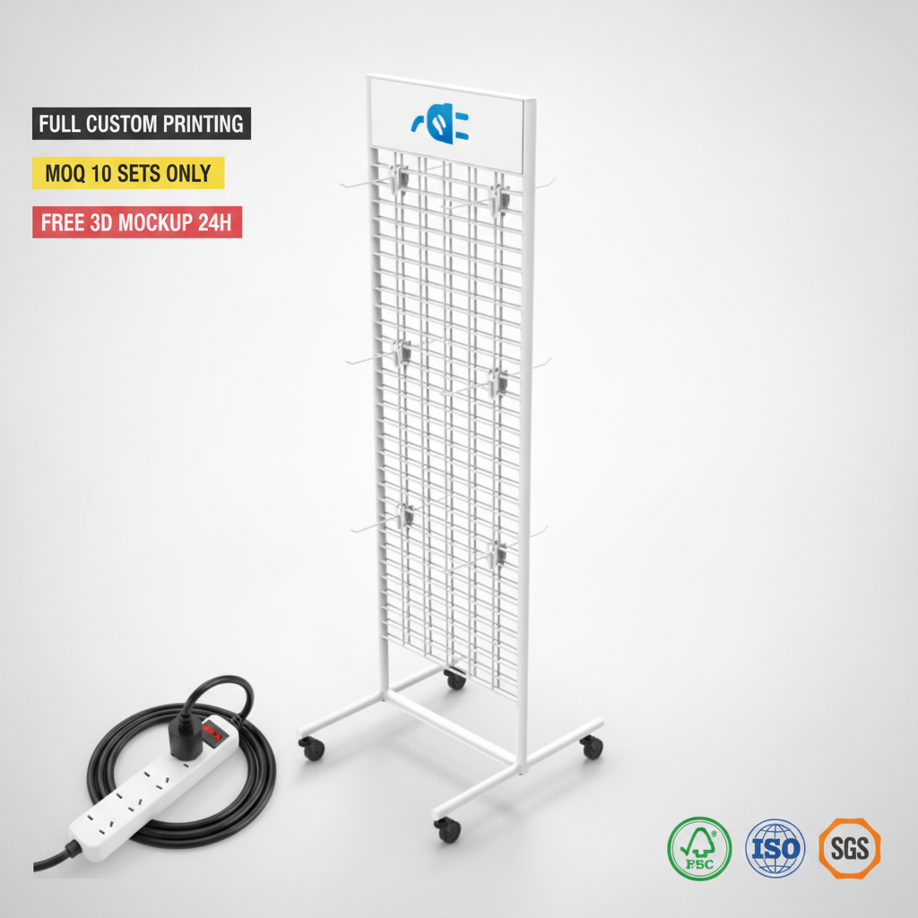 Custom Metal Grid Display Stand Tool Storage Power Strip Rack Organizer With Wheels for Retail
