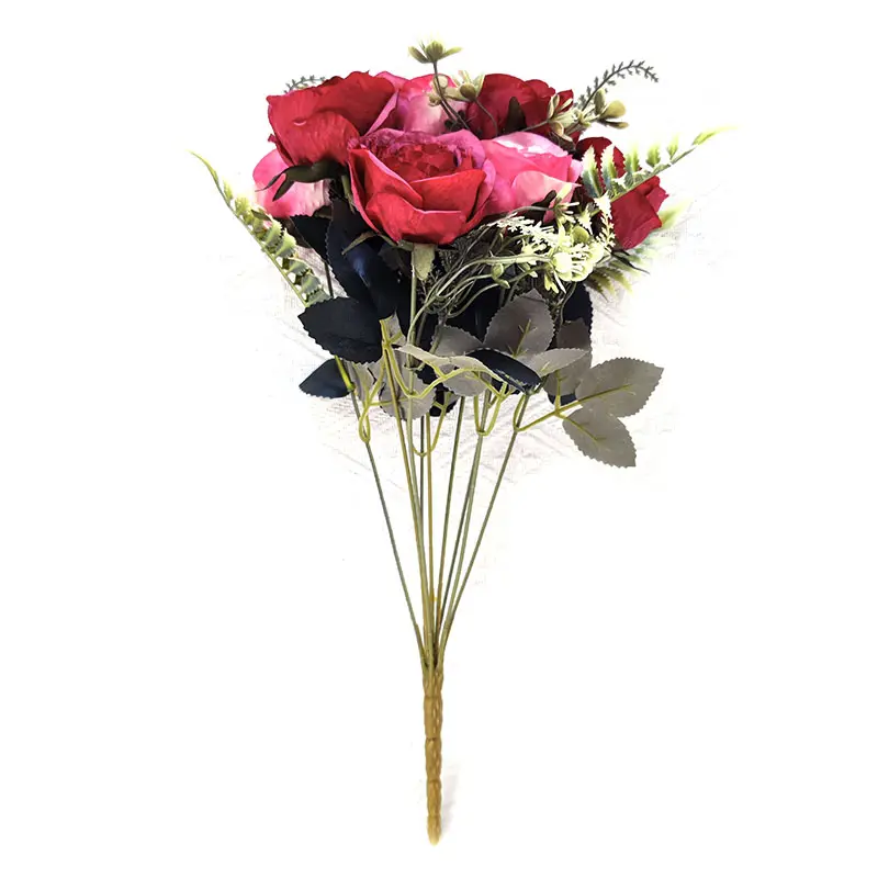 YIWAN Hot Sale Wholesale 9 Two-color Gold Cup Roses Bunch Artificial Silk Flowers For Home Wedding Decoration
