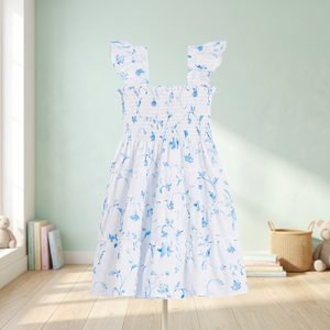 Robe décontractée de plage pour enfants Designer 2026, pour filles, avec épaules smockées élastiquées et volants, longueur genou, coupe trapèze, 100% coton - Product Image 3