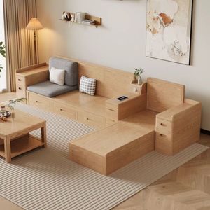 Sofá de Madera Maciza de Fresno Blanco Nórdico, Combinación Recta con Almacenamiento, Mueble para Sala de Estar - Product Image 3