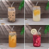 Canette de bière en verre de 16 oz avec couvercle en bambou et paille en verre utilisée pour la tasse de café glacé, jolis smoothies, thé boba, whisky, eau