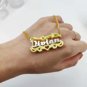 Nama Wanita Perhiasan 18K Berlapis Emas Dua Nada Dipersonalisasi Pelat Ganda Kalung Nama 3D Sesuai Pesanan