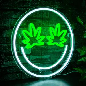 Green leaf smiling face pattern neon LED indoor hanging luminous sign shop entrance <b>window</b> indicator <b>light</b> ambient <b>light</b> 5V - Product Image 5