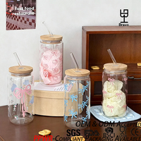 Gobelet en verre personnalisé avec logo OEM, avec couvercle et paille, approuvé FDA et BSCI, imprimé, motifs multiples, dessin animé Kawaii