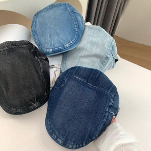 Retro Washed Denim Beret Medium Blue Breathable Embroidery Letter Pattern Female Adult Ivy Hat - Product Image 4
