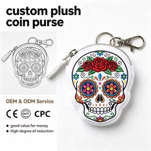 Porte-monnaie en peluche tête de mort OEM personnalisé, vente en gros, portefeuille zippé tête de mort florale Jour des Morts, pochette personnalisée Halloween pour festival CE - Product Image 1