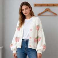 Losse damestrui met lange mouwen, streetstyle, V-hals, gebreide blouse, herfst-winter, katoenmix, verdikt garen, open cardigan