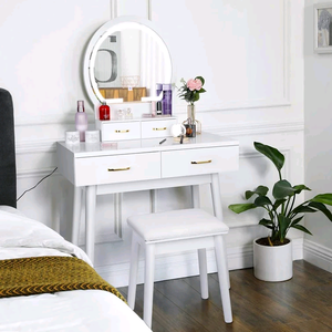 Combohome Meuble de chambre de luxe, <span class=keywords><strong>Coiffeuse</strong></span> moderne en panneau de bois avec <span class=keywords><strong>miroir</strong></span> de maquillage à éclairage LED et rangement - Product Image 2