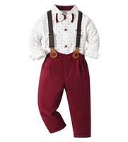 Nouvel ensemble de tenue de gentleman pour garçon automne 2026 : Chemise blanche imprimée + Pantalon à bretelles bordeaux (2 pièces)