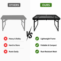 Table de camping pliable en métal grillagé 60x40x32,5 cm, table d'appoint portable à hauteur réduite avec plateau grillagé divisé pour pique-nique et plage