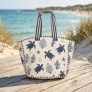 Sac de plage en coton imprimé tortue marine avec poignées rayées marine - Product Image 3