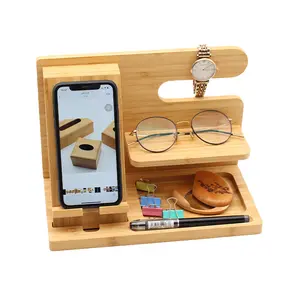 豪华竹木手机坞站组织器，木质书桌钥匙扣钱包支架手表组织器