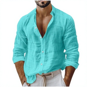 Camisas de Trabajo y Vacaciones para Hombre, Personalizadas OEM, Transpirables, de Punto, Manga Larga, Algodón y Lino, Corte Holgado, Cuello con Botones y Solapa Lisa - Product Image 1