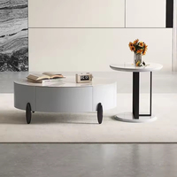 Ensemble de table basse ovale en bois et marbre de luxe moderne, salon gris avec tiroirs, meubles extensibles, design élégant et moderne