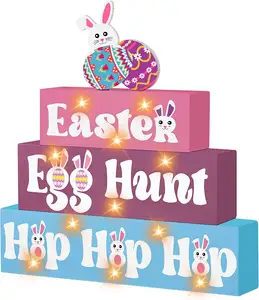 Tanda Blok Kayu Paskah dengan Lampu Led Easter Egg Hunt Hop Hop Menyala Tanda Kayu Easter Farmhouse Tanda Kayu