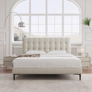 สไตล์ครีม เรียบง่าย หุ้มหนังแท้ทั้งตัว โครงไม้เนื้อแข็งสไตล์มินิมอลอิตาลี เตียงคู่ขนาด 1.8 ม. ระดับไฮเอนด์ ปรับแต่งได้ - Product Image 1