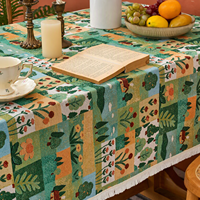 Nappe Jacquard Paysage Pastoral de Dessin Animé, Motif Maison, Arbre et Fleur, avec Pompons, Décoration pour Cottage et Bistro