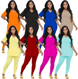 X30654 Mulheres Moda Verão cor sólida Causal Manga Curta Dividir T Shirt e calças compridas Leggings Slim 2 conjunto de duas peças