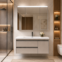 Meuble-lavabo mural moderne en bois massif pour hôtel avec vasque simple, miroir LED inclus, écologique et durable