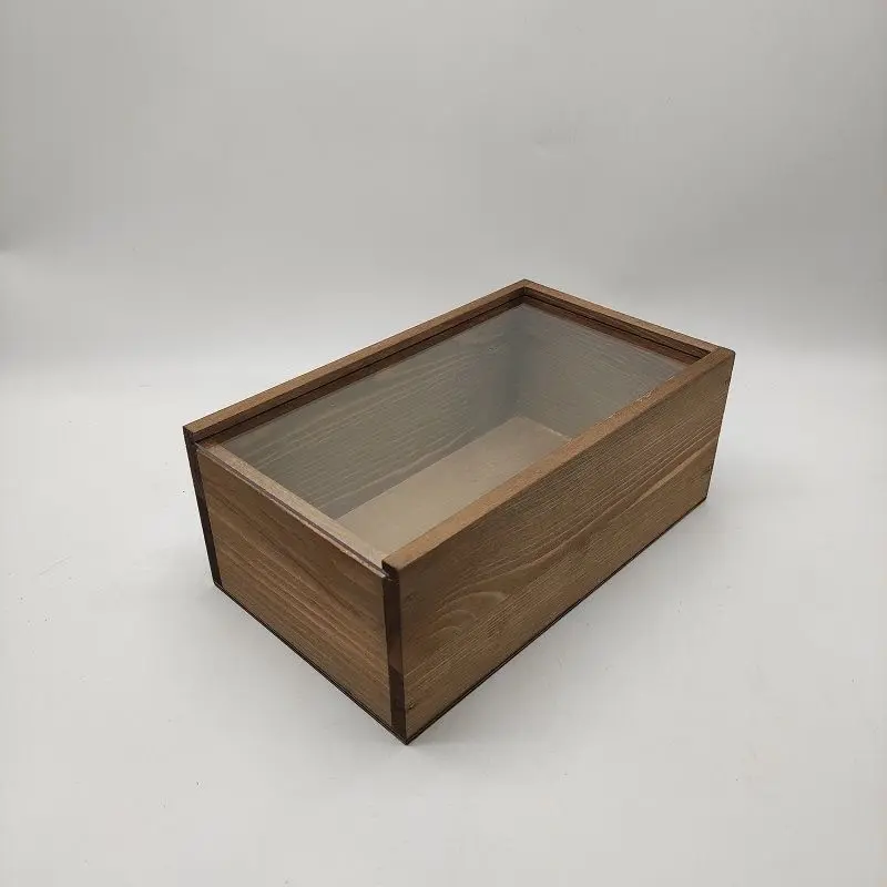 Boîtes rectangulaires en bois de pin vintage faites à la main avec couvercle en acrylique