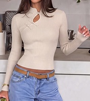 Pull décontracté court et doux pour femme, style chinois, en maille côtelée, col mandarin, boutons grenouille, manches longues, coupe ajustée, collection 2026