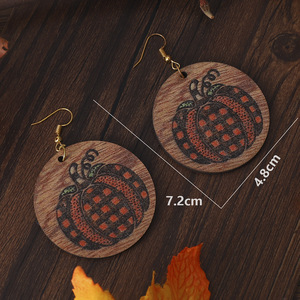 Pendientes de madera Acción de Gracias Vintage Gingham Calabaza Colgante redondo Pendientes de doble cara para mujer Uionen 1102 - Product Image 2