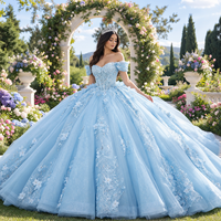 Lsdz023-Pz Superbe Robe de Quinceañera Bleu Ciel avec Manches Courtes à Volants, Appliques Florales en Dentelle Scintillante, Coupe Princesse Jancemebr