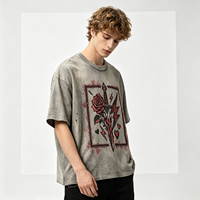 T-shirt Streetwear Dirty Spray pour Homme, motif Rose Dagger, délavage vintage, coton épais, détails usés