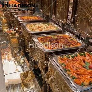 Huadison Dubai Catering-Lieferungen 4 L hydraulische Reibgläser Luxus Edelstahl Gold Reibgläser Speisenwärmer-Set