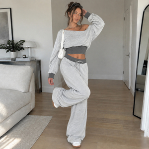 Colorblock <b>Off</b> <b>Shoulder</b> Casual <b>Sweatshirt</b> Long Pants Two Piece Set Hot Girl Patchwork Waist Revealing Sexy Casual Outfit - Product Image 5