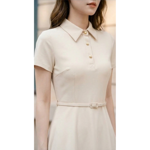 Robe midi élégante crème à col polo, manches courtes, boutonnée sur le devant, taille ajustée, jupe trapèze, robe féminine pour femme, vente en gros - Product Image 1