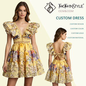 <strong>Romantic</strong> Yellow Floral Print Mini <strong>Dress</strong> Women V Neck Ruffle Sleeve Bow Back Party <strong>Dress</strong> for Beach Vacation Bridesmaid Wholesale - Product Image 1