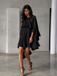 <span class=keywords><strong>Abito</strong></span> Elegante <span class=keywords><strong>Nero</strong></span> da Donna VV 2026 Primavera Vintage <span class=keywords><strong>con</strong></span> <span class=keywords><strong>Balze</strong></span> Stratificate, Orlo a Foglia di Loto e Maniche a Tre Quarti Stile Mantella - Product Image 5