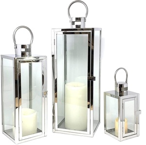 Set of <strong>3</strong> Silver Hanging <strong>Candle</strong> Lantern Stainless Steel Tempered Glass Outdoor Floor Square <strong>Candle</strong> <strong>Holder</strong> for Wedding Home Decor - Product Image 1