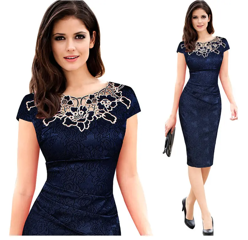 Wholesale fashion floral sexy slim dress women casual solid lace cutout embroidered dress marriage party sexy lace pencil dress
