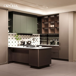 ตู้ครัวแบบโมดูลาร์ทรงตัวยู ดีไซน์หรูหราสไตล์ฝรั่งเศสสมัยใหม่ ผลิตจากเหล็กและพีวีซี พร้อมอ่างล้างจาน สำหรับอพาร์ตเมนต์ ยี่ห้อ OPPOLIA - Product Image 1